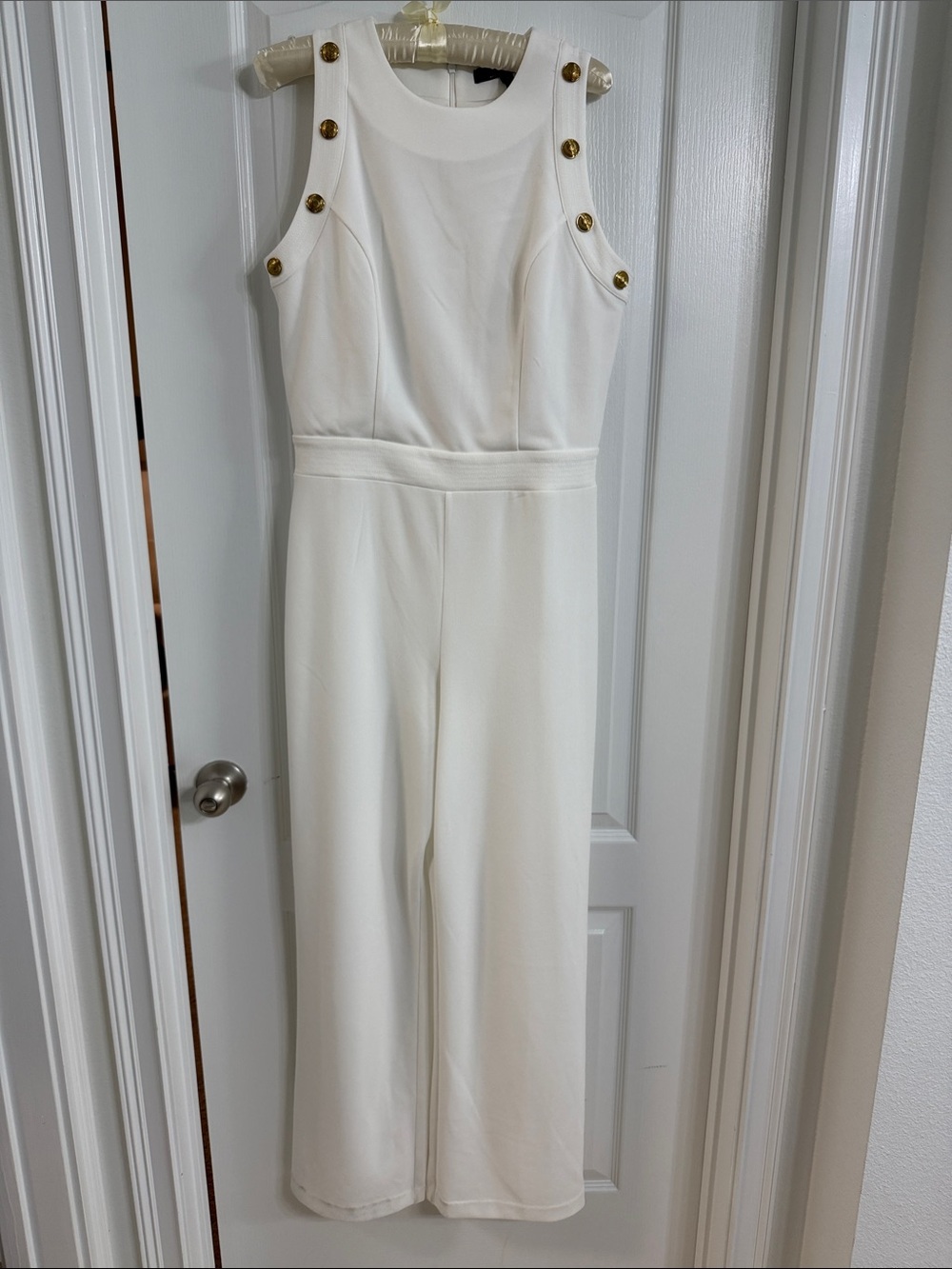 White House Black Market Sleeveless white Wide-Leg Jumpsuit with Gold Button